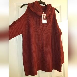 Women's Plus No Comment NY LA Red Wine Cold Shoulder Cowlneck Sweater Top 1X 2X